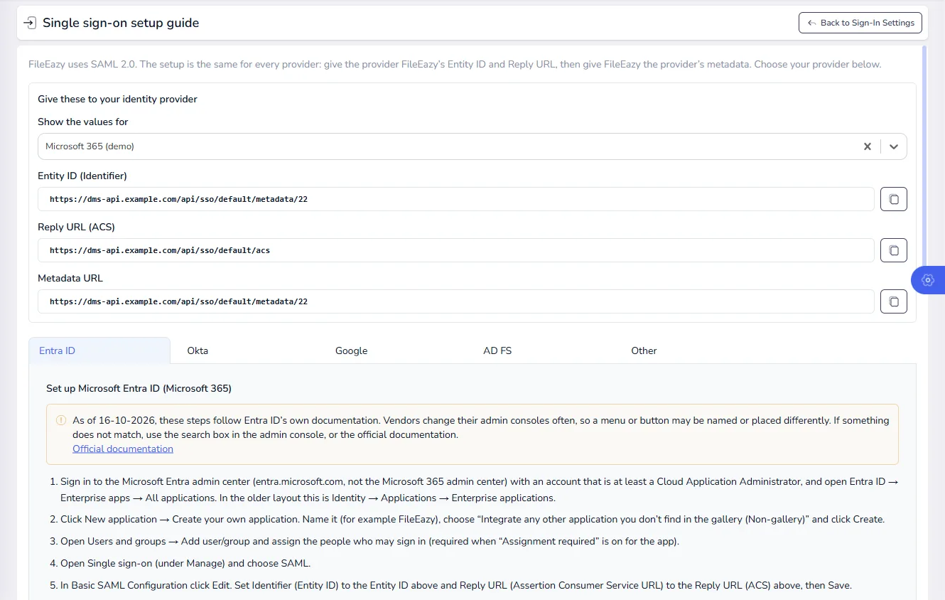 The Single sign-on setup guide page with a provider's values filled in and tabs for Entra ID, Okta, Google, AD FS and Other
