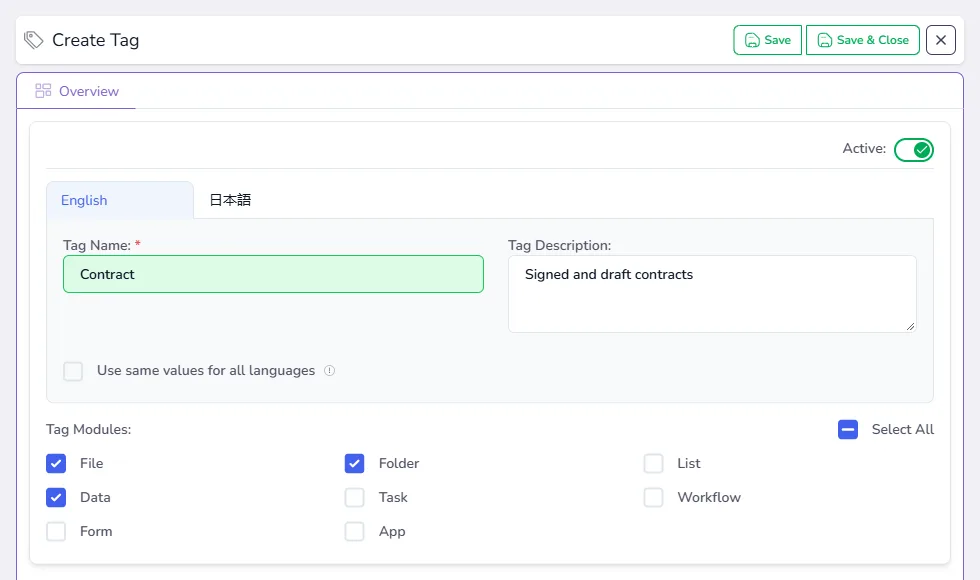 The Create Tag panel with a name and description, and the File, Folder and Data modules ticked