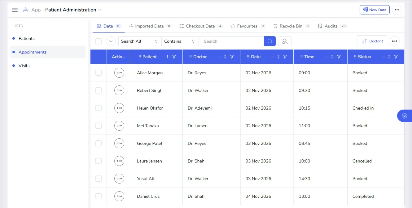 The Appointments list showing patient, doctor, date, time and status for each booking