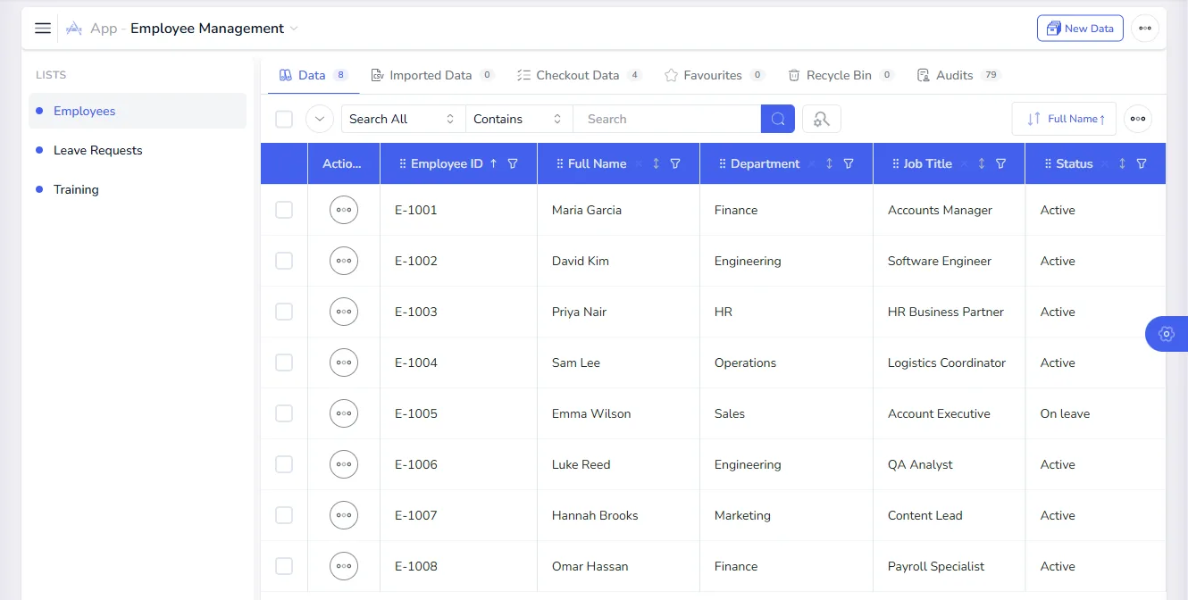 The Employees list in the Employee Management app, showing employee ID, name, department, job title and status for each person