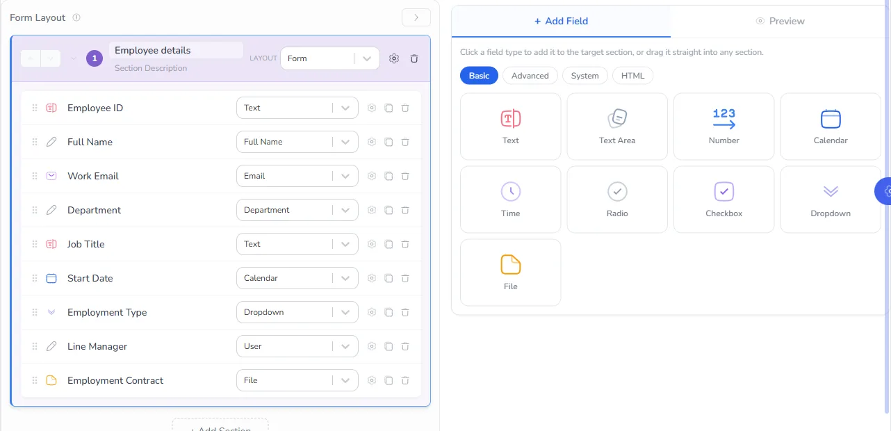 The Employees list form with employee ID, name, email, department, job title, start date, employment type, line manager and contract fields