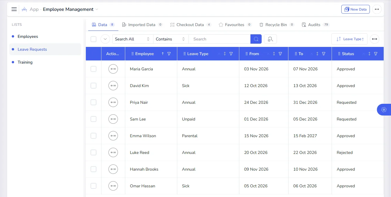 The Leave Requests list showing each employee's leave type, dates and approval status
