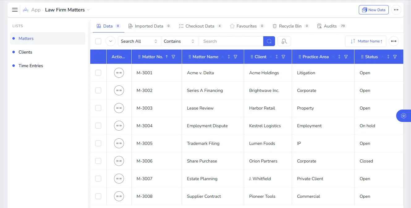 The Matters list in the Law Firm Matters app, showing matter number, name, client, practice area and status