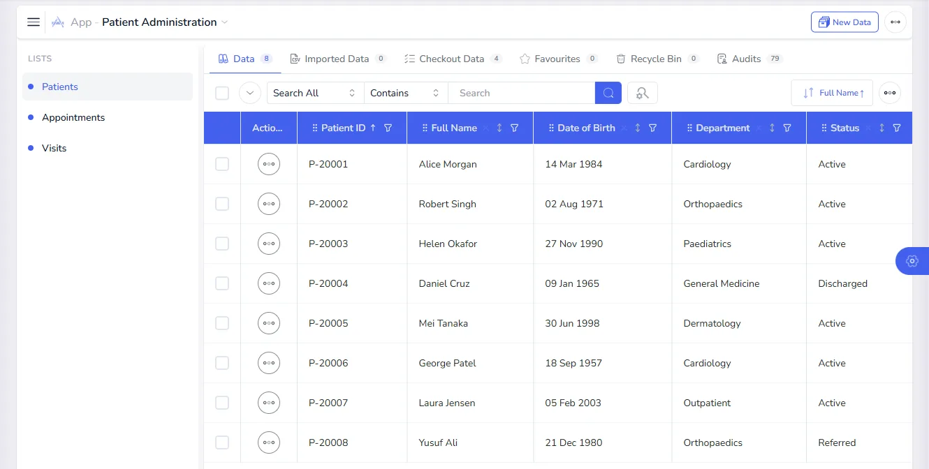 The Patients list in the Patient Administration app, showing patient ID, name, date of birth, department and status