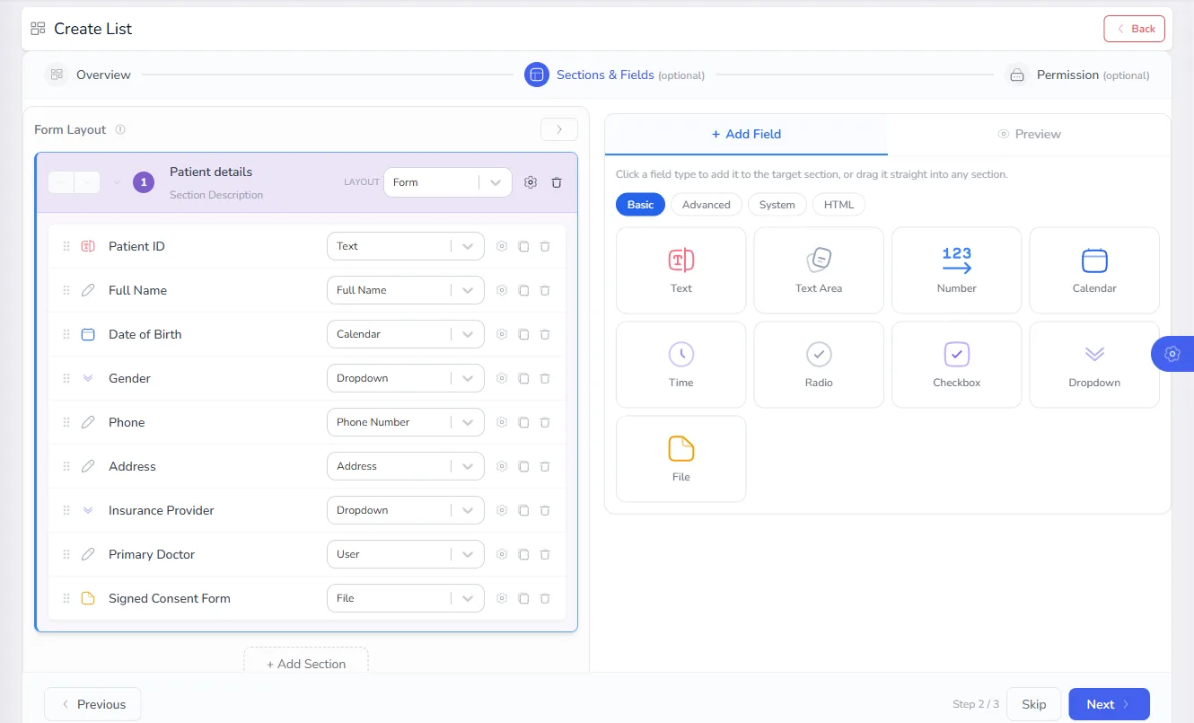 The Patients list form with patient ID, name, date of birth, gender, phone, address, insurance provider, primary doctor and consent form fields