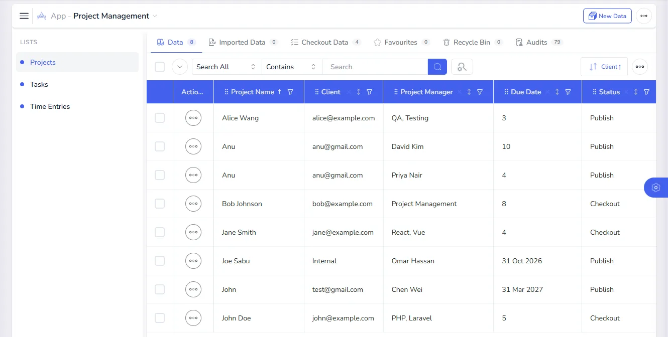The Projects list in the Project Management app, showing project name, client, manager, due date and status