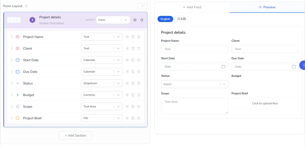 The Projects list form with project name, client, start date, due date, status, budget, scope and project brief fields, and a live preview on the right